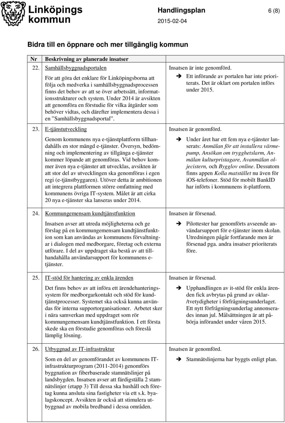 Under 2014 är avsikten att genomföra en förstudie för vilka åtgärder som behöver vidtas, och därefter implementera dessa i en Samhällsbyggnadsportal. 23.