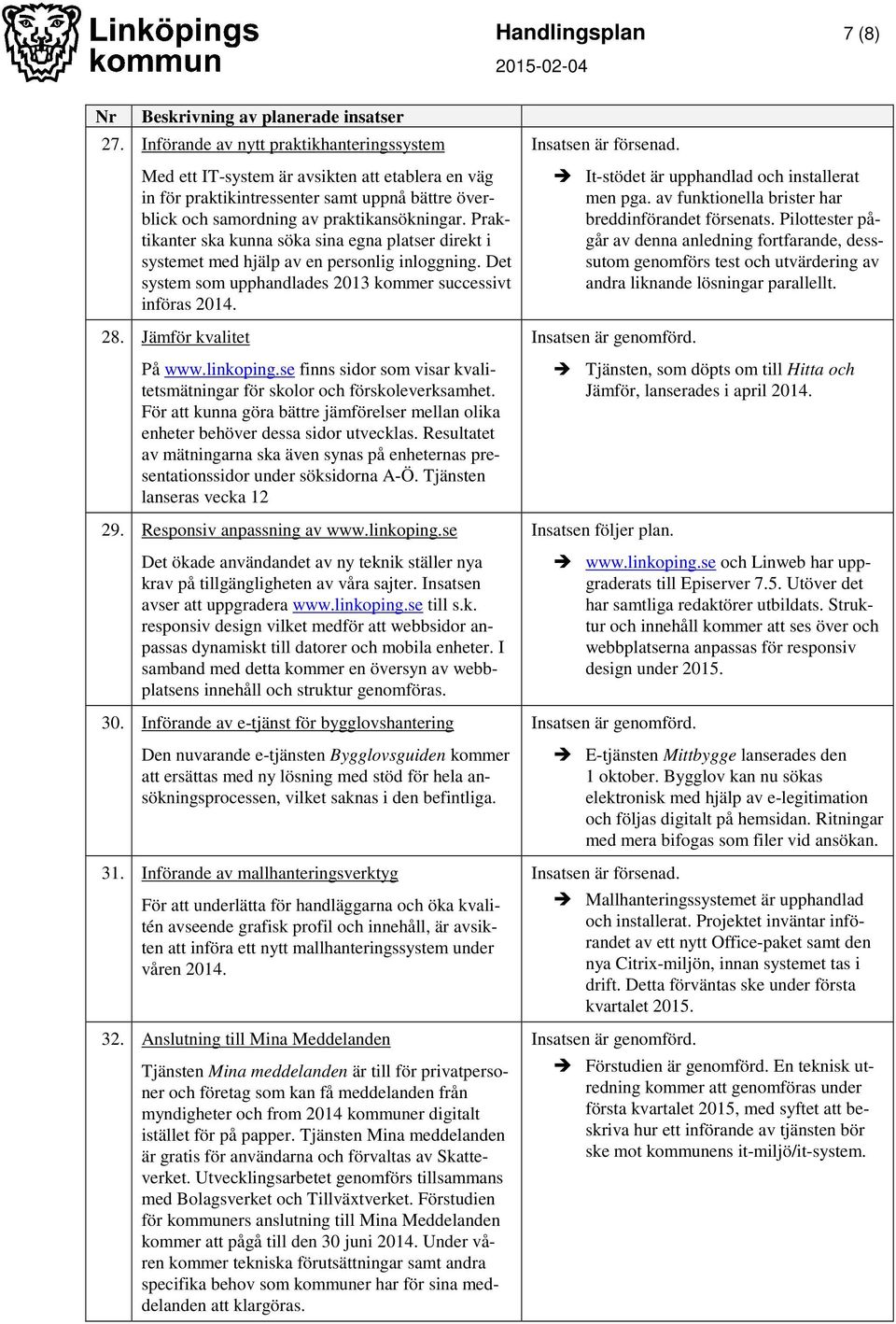 Praktikanter ska kunna söka sina egna platser direkt i systemet med hjälp av en personlig inloggning. Det system som upphandlades 2013 kommer successivt införas 2014. 28. Jämför kvalitet På www.