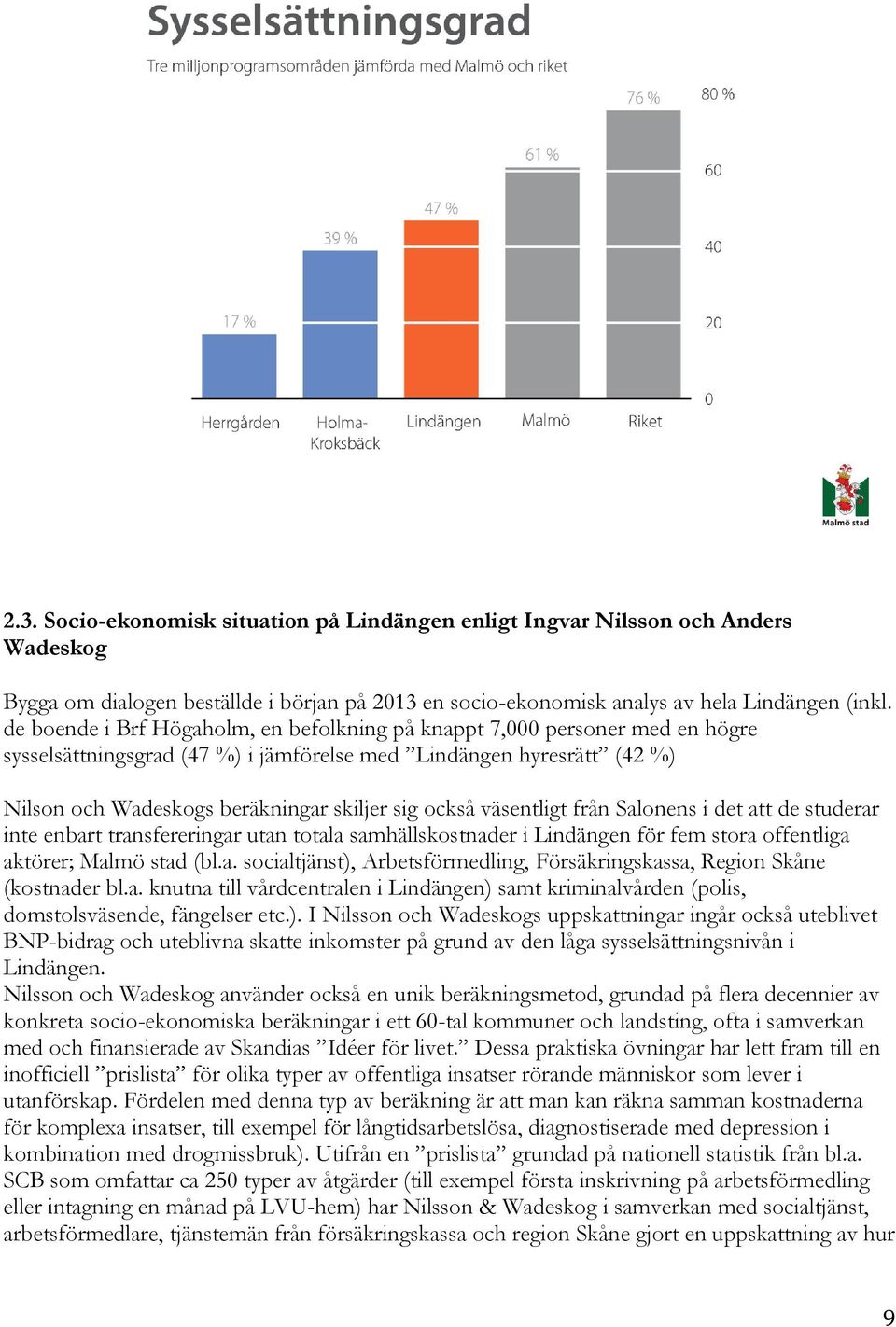 väsentligt från Salonens i det att de studerar inte enbart transfereringar utan totala samhällskostnader i Lindängen för fem stora offentliga aktörer; Malmö stad (bl.a. socialtjänst), Arbetsförmedling, Försäkringskassa, Region Skåne (kostnader bl.