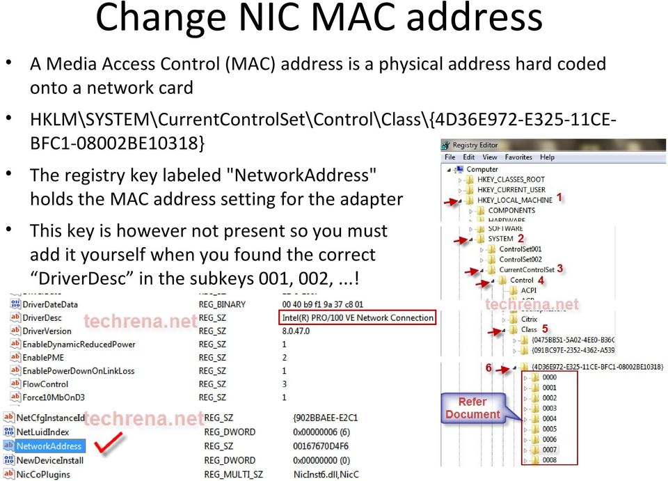 registry key labeled "NetworkAddress" holds the MAC address setting for the adapter This key is