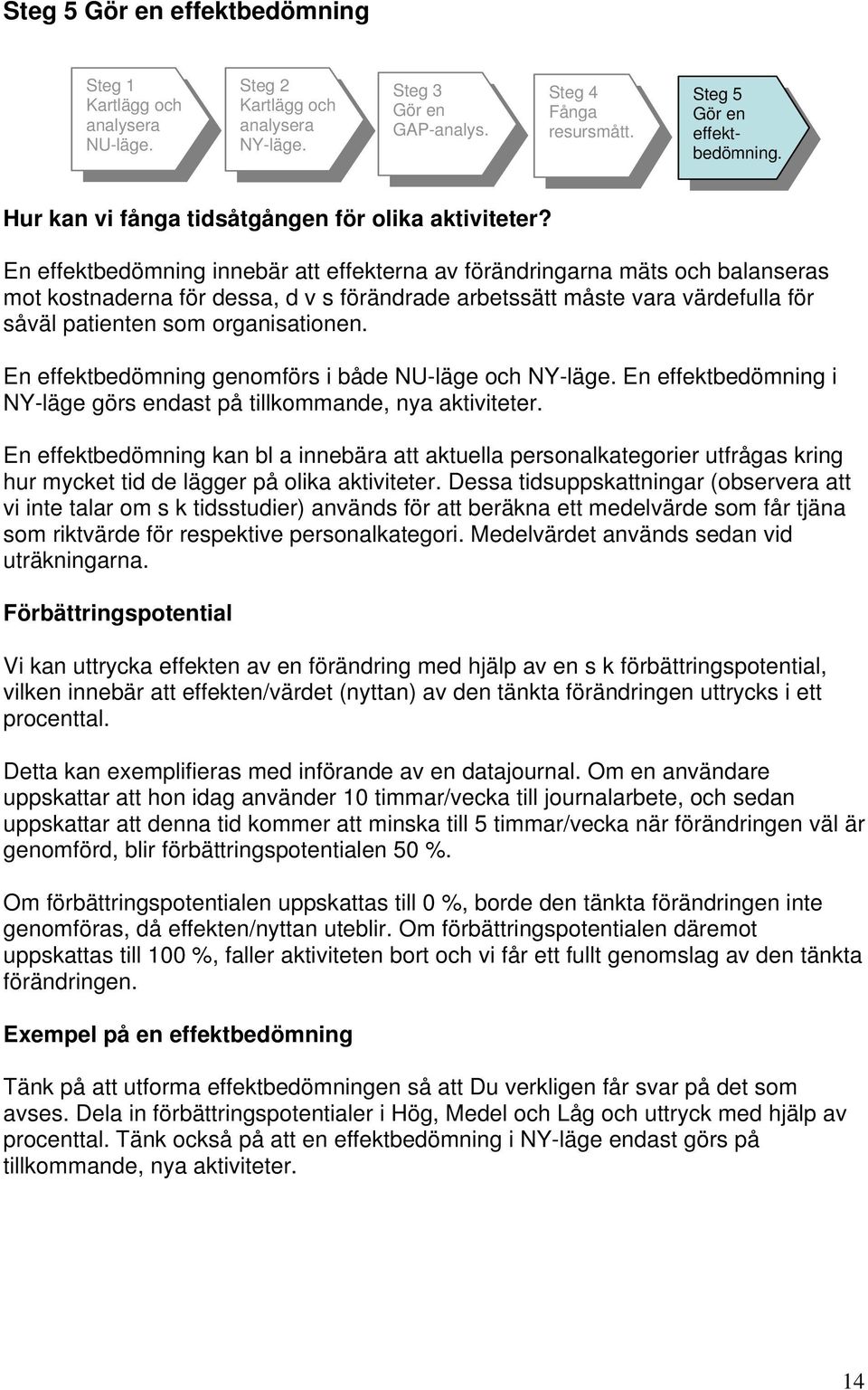 En effektbedömning innebär att effekterna av förändringarna mäts och balanseras mot kostnaderna för dessa, d v s förändrade arbetssätt måste vara värdefulla för såväl patienten som organisationen.