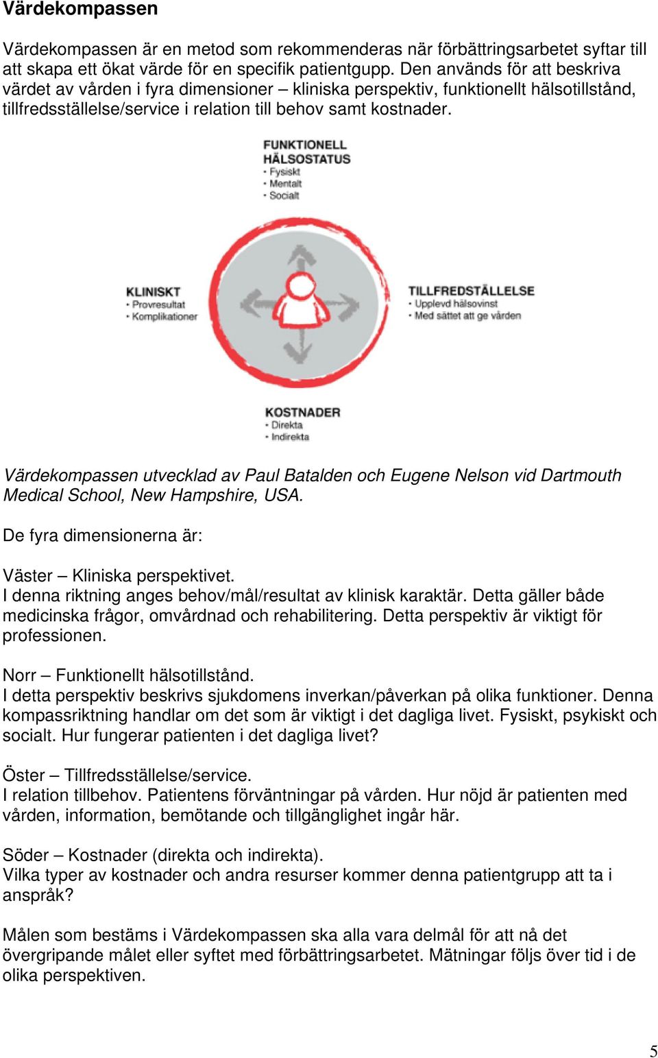 Värdekompassen utvecklad av Paul Batalden och Eugene Nelson vid Dartmouth Medical School, New Hampshire, USA. De fyra dimensionerna är: Väster Kliniska perspektivet.