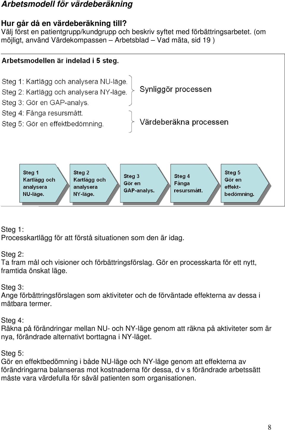 Gör en processkarta för ett nytt, framtida önskat läge. Steg 3: Ange förbättringsförslagen som aktiviteter och de förväntade effekterna av dessa i mätbara termer.