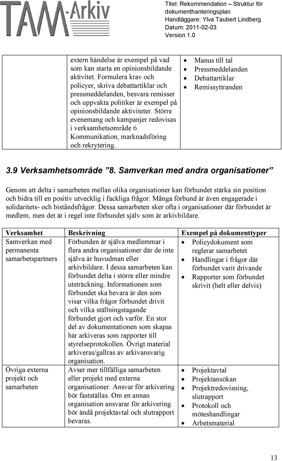 Större evenemang och kampanjer redovisas i verksamhetsområde 6. Kommunikation, marknadsföring och rekrytering. Manus till tal Pressmeddelanden Debattartiklar Remissyttranden 3.9 Verksamhetsområde 8.