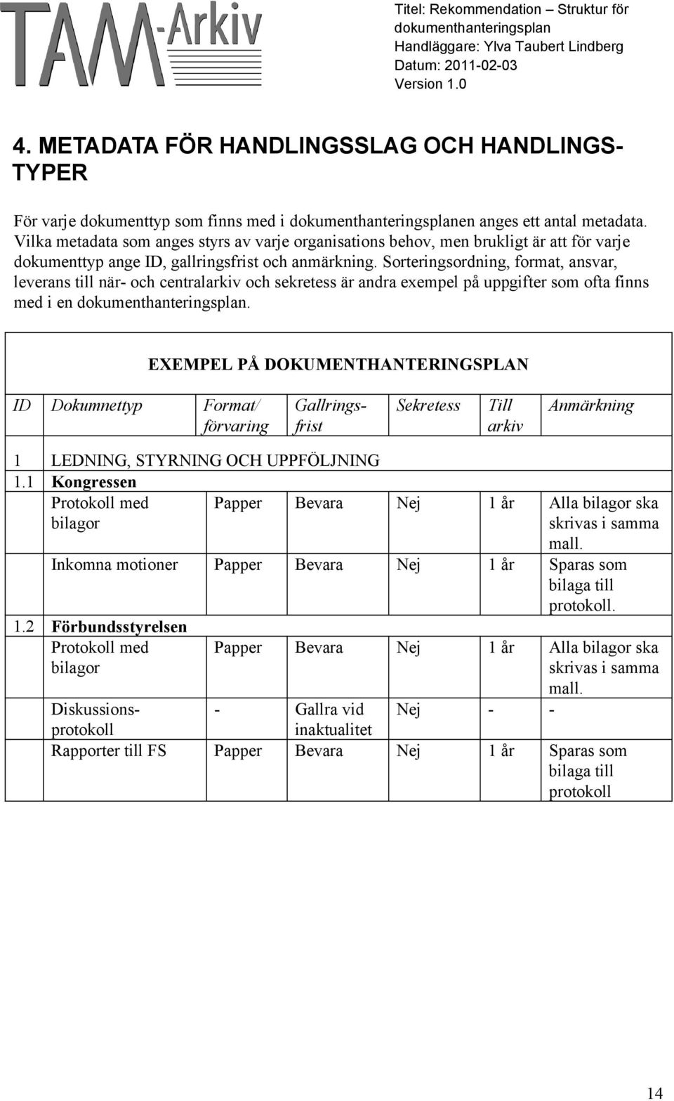 Sorteringsordning, format, ansvar, leverans till när- och centralarkiv och sekretess är andra exempel på uppgifter som ofta finns med i en.