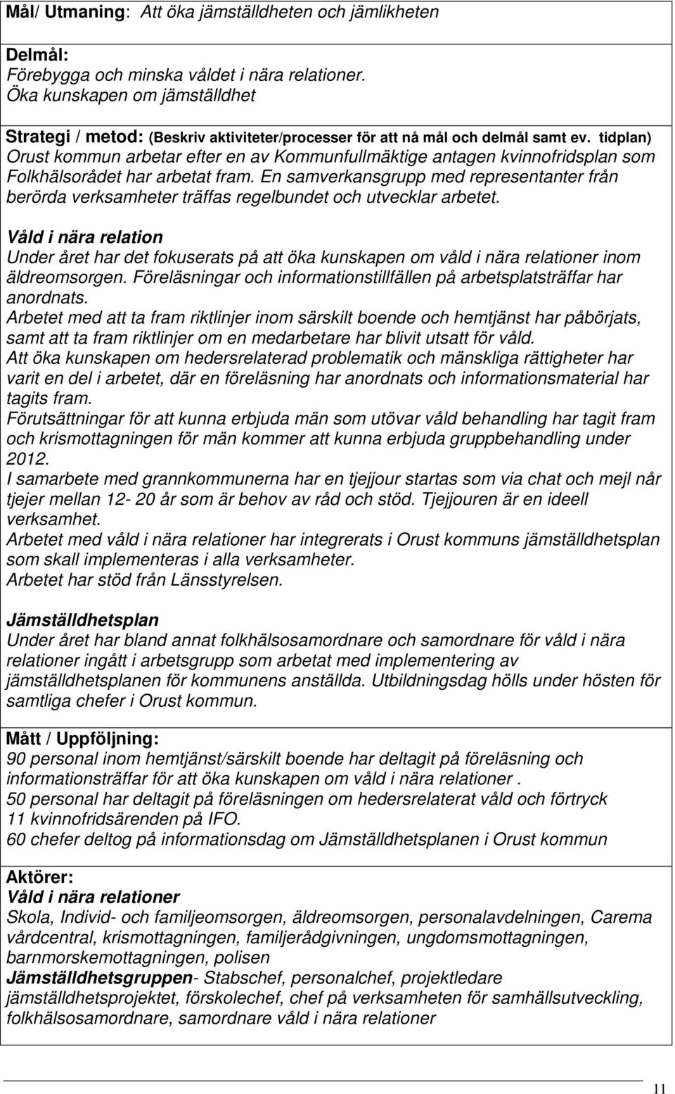 tidplan) Orust kommun arbetar efter en av Kommunfullmäktige antagen kvinnofridsplan som Folkhälsorådet har arbetat fram.