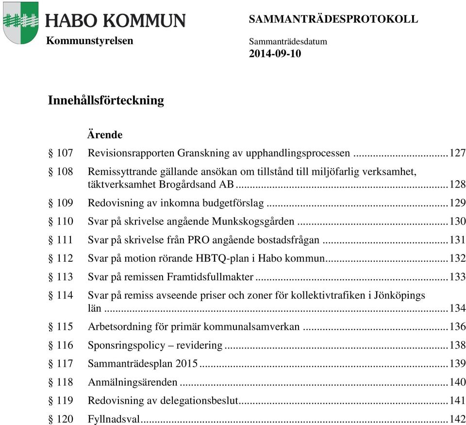 .. 129 110 Svar på skrivelse angående Munkskogsgården... 130 111 Svar på skrivelse från PRO angående bostadsfrågan... 131 112 Svar på motion rörande HBTQ-plan i Habo kommun.