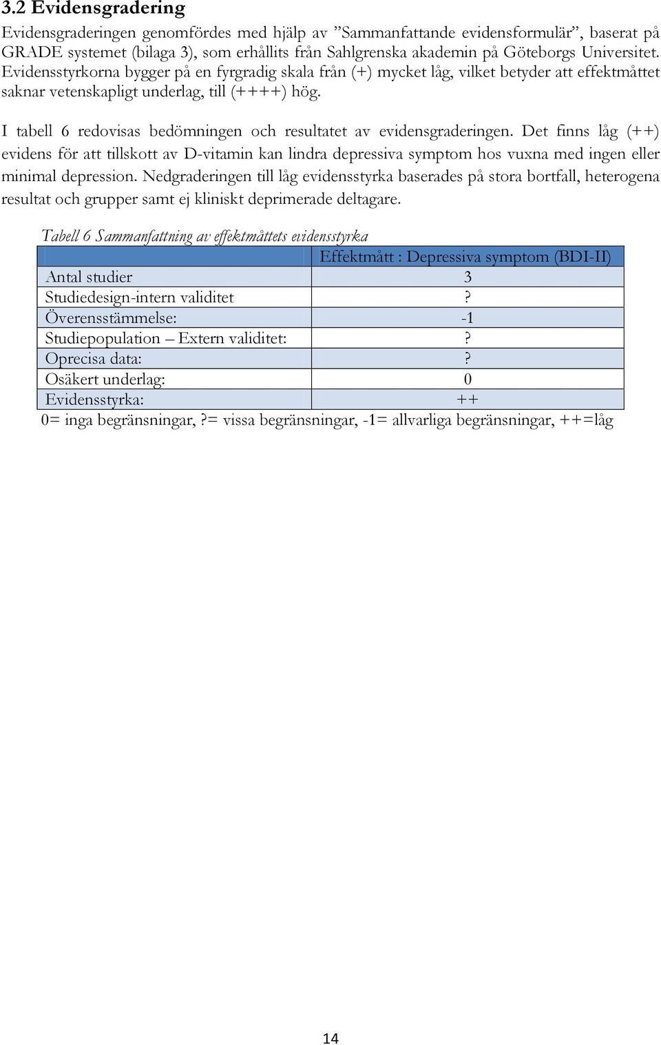 I tabell 6 redovisas bedömningen och resultatet av evidensgraderingen.