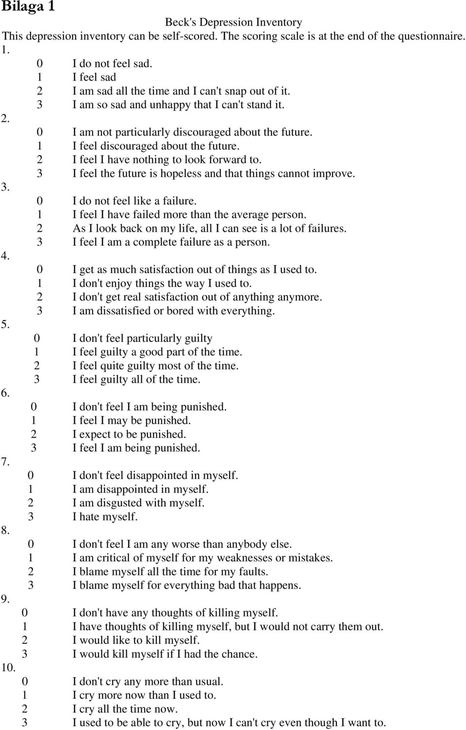 1 I feel discouraged about the future. 2 I feel I have nothing to look forward to. 3 I feel the future is hopeless and that things cannot improve. 3. 0 I do not feel like a failure.