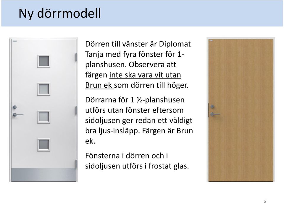 Dörrarna för 1 ½-planshusen utförs utan fönster eftersom sidoljusen ger redan ett