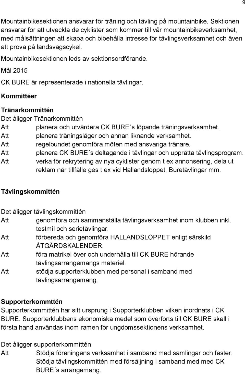 landsvägscykel. Mountainbikesektionen leds av sektionsordförande. Mål 2015 CK BURE är representerade i nationella tävlingar.