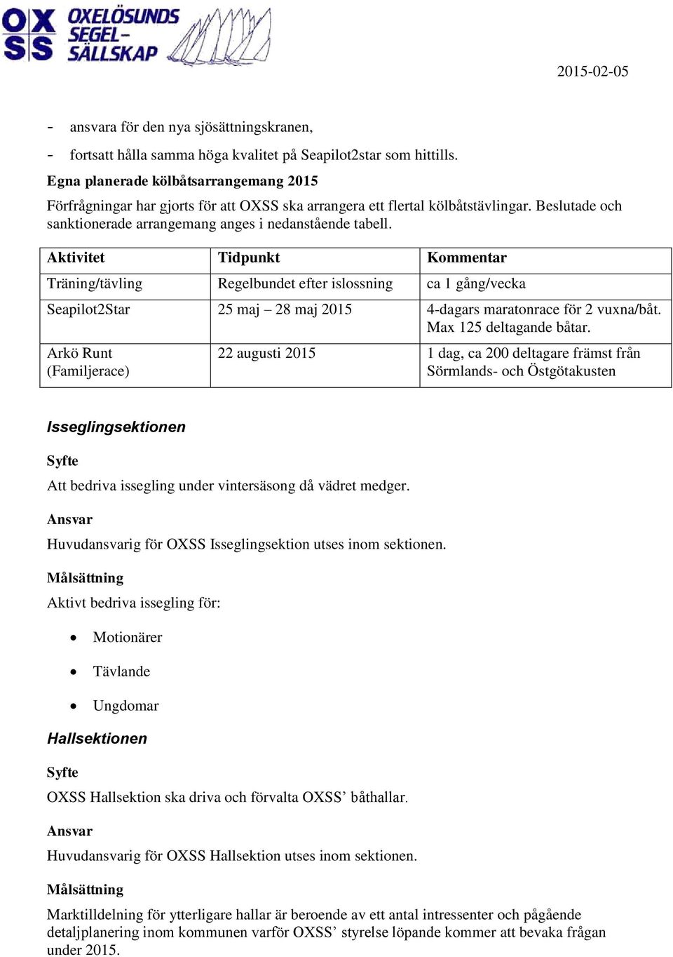 Aktivitet Tidpunkt Kommentar Träning/tävling Regelbundet efter islossning ca 1 gång/vecka Seapilot2Star 25 maj 28 maj 2015 4-dagars maratonrace för 2 vuxna/båt. Max 125 deltagande båtar.