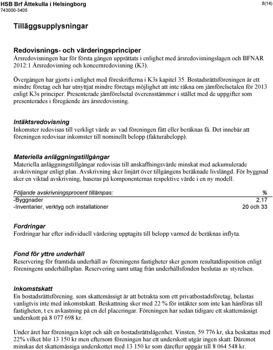 Bostadsrättsföreningen är ett mindre företag och har utnyttjat mindre företags möjlighet att inte räkna om jämförelsetalen för 2013 enligt K3s principer.