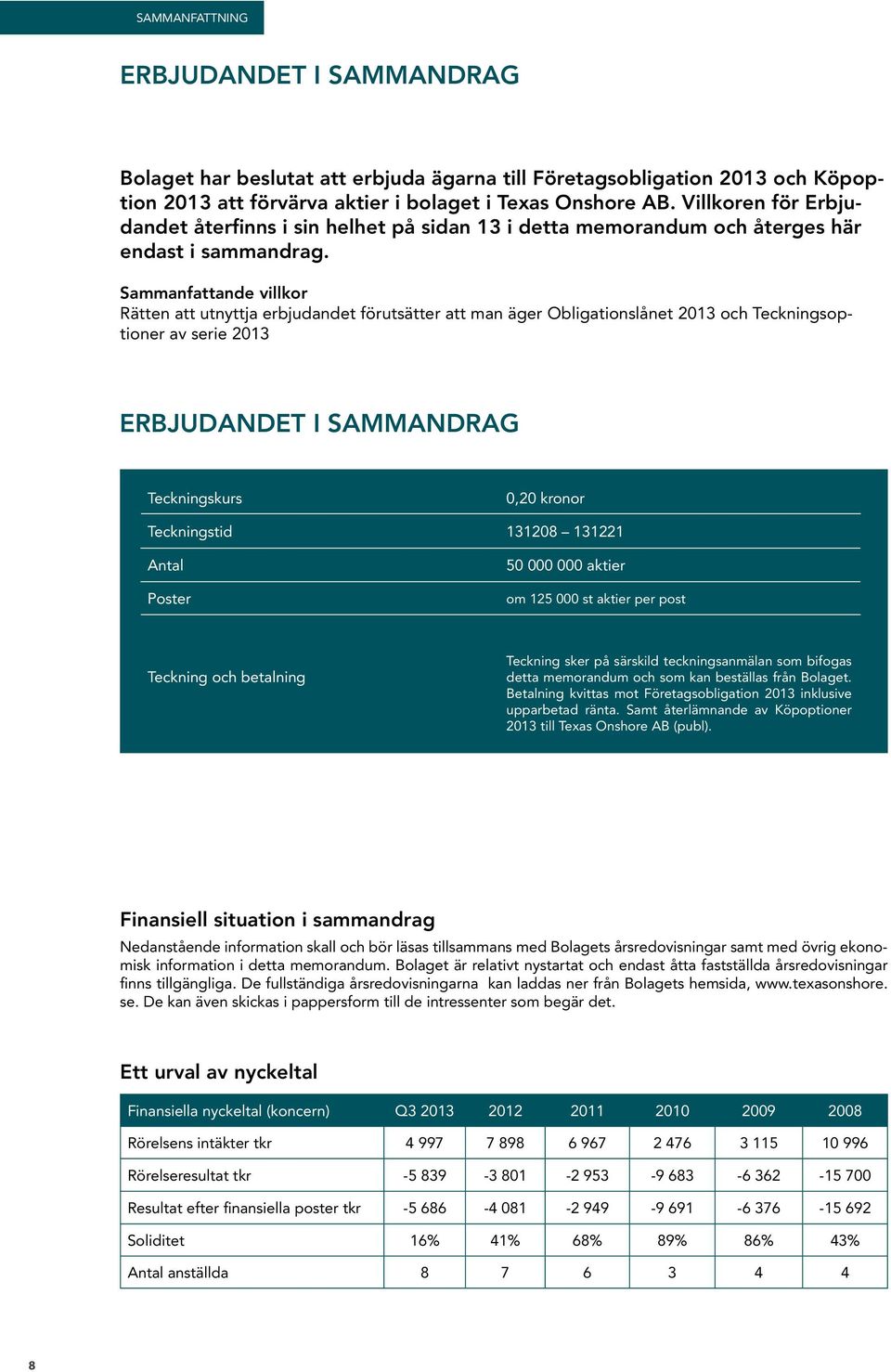 Sammanfattande villkor Rätten att utnyttja erbjudandet förutsätter att man äger Obligationslånet 2013 och Teckningsoptioner av serie 2013 ERBJUDANDET I SAMMANDRAG Teckningskurs 0,20 kronor