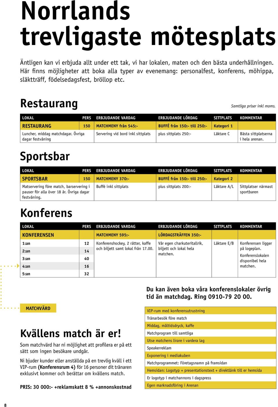 LOKAL PERS ERBJUDANDE VARDAG ERBJUDANDE LÖRDAG SITTPLATS KOMMENTAR RESTAURANG 150 MATCHMENY från 545:- BUFFÉ från 150:- till 250:- Kategori 1 Luncher, middag matchdagar.