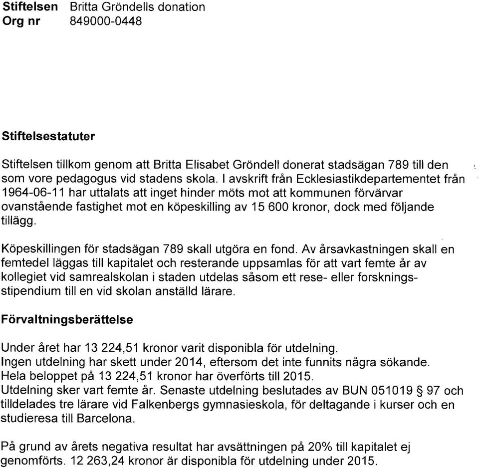 tillägg. Köpeskillingen för stadsägan 789 skall utgöra en fond.