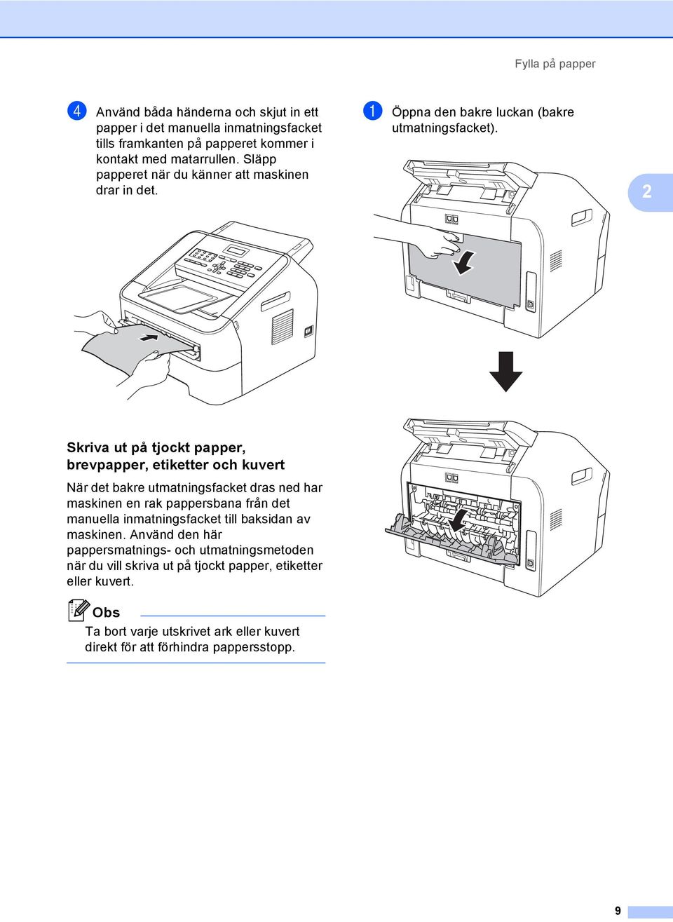 2 Skriva ut på tjockt papper, brevpapper, etiketter och kuvert 2 När det bakre utmatningsfacket dras ned har maskinen en rak pappersbana från det manuella