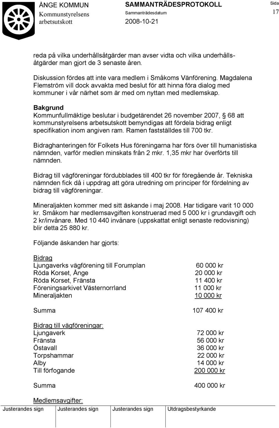 Bakgrund Kommunfullmäktige beslutar i budgetärendet 26 november 2007, 68 att kommunstyrelsens bemyndigas att fördela bidrag enligt specifikation inom angiven ram. Ramen fastställdes till 700 tkr.