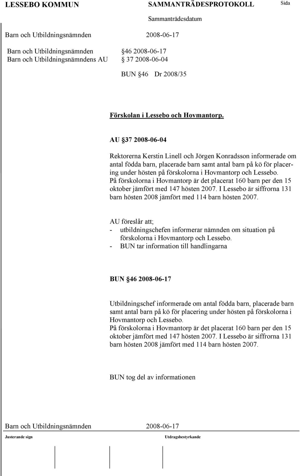 Lessebo. På förskolorna i Hovmantorp är det placerat 160 barn per den 15 oktober jämfört med 147 hösten 2007. I Lessebo är siffrorna 131 barn hösten 2008 jämfört med 114 barn hösten 2007.