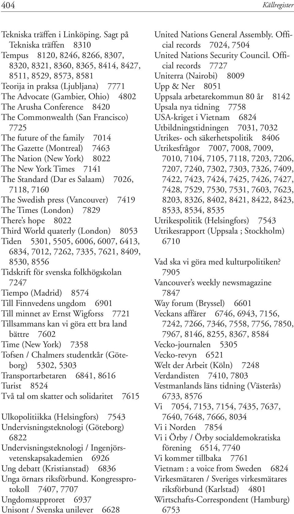 Conference 8420 The Commonwealth (San Francisco) 7725 The future of the family 7014 The Gazette (Montreal) 7463 The Nation (New York) 8022 The New York Times 7141 The Standard (Dar es Salaam) 7026,