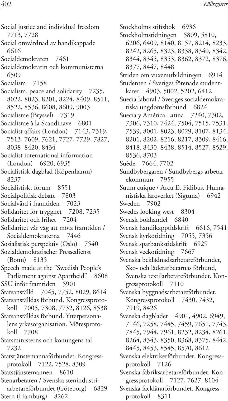 7621, 7727, 7729, 7827, 8038, 8420, 8434 Socialist international information (London) 6920, 6935 Socialistisk dagblad (Köpenhamn) 8237 Socialistiskt forum 8551 Socialpolitisk debatt 7803 Socialvård i