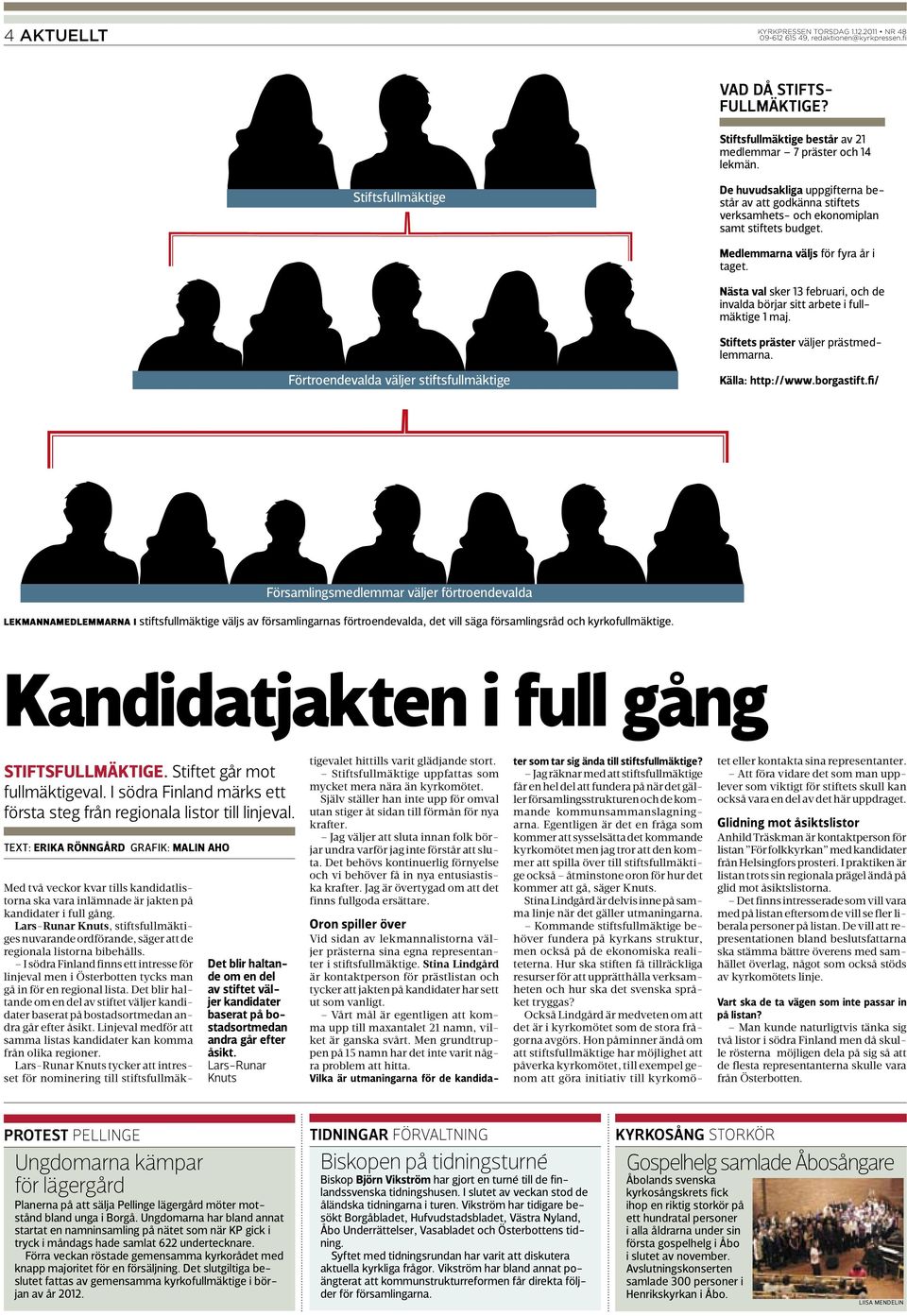 Nästa val sker 13 februari, och de invalda börjar sitt arbete i fullmäktige 1 maj. Stiftets präster väljer prästmedlemmarna. Förtroendevalda väljer stiftsfullmäktige Källa: http://www.borgastift.