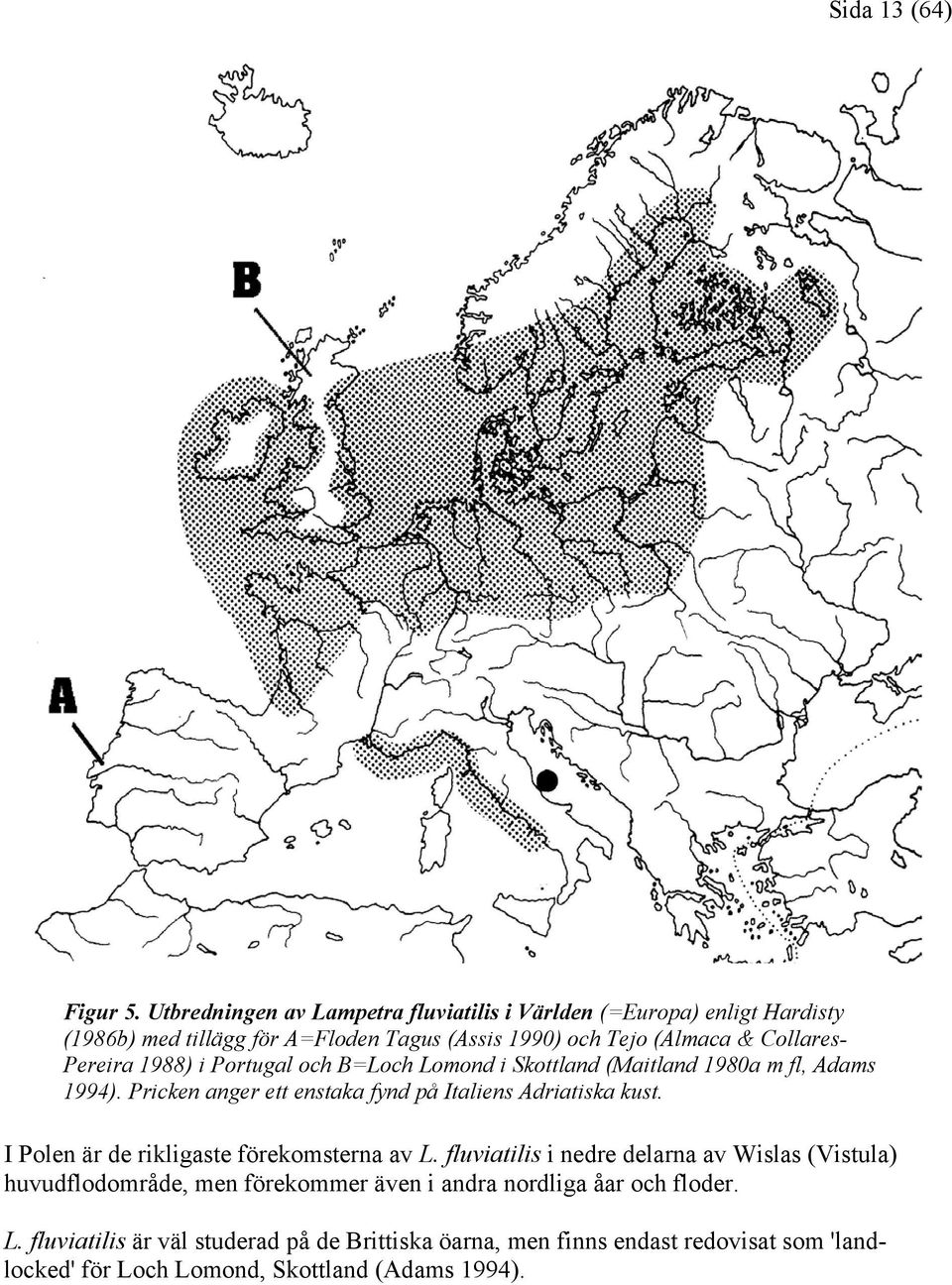 Pereira 1988) i Portugal och B=Loch Lomond i Skottland (Maitland 1980a m fl, Adams 1994). Pricken anger ett enstaka fynd på Italiens Adriatiska kust.