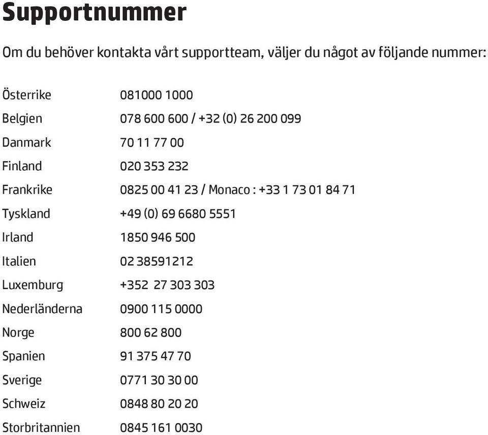 84 71 Tyskland +49 (0) 69 6680 5551 Irland 1850 946 500 Italien 02 38591212 Luxemburg +352 27 303 303 Nederländerna 0900