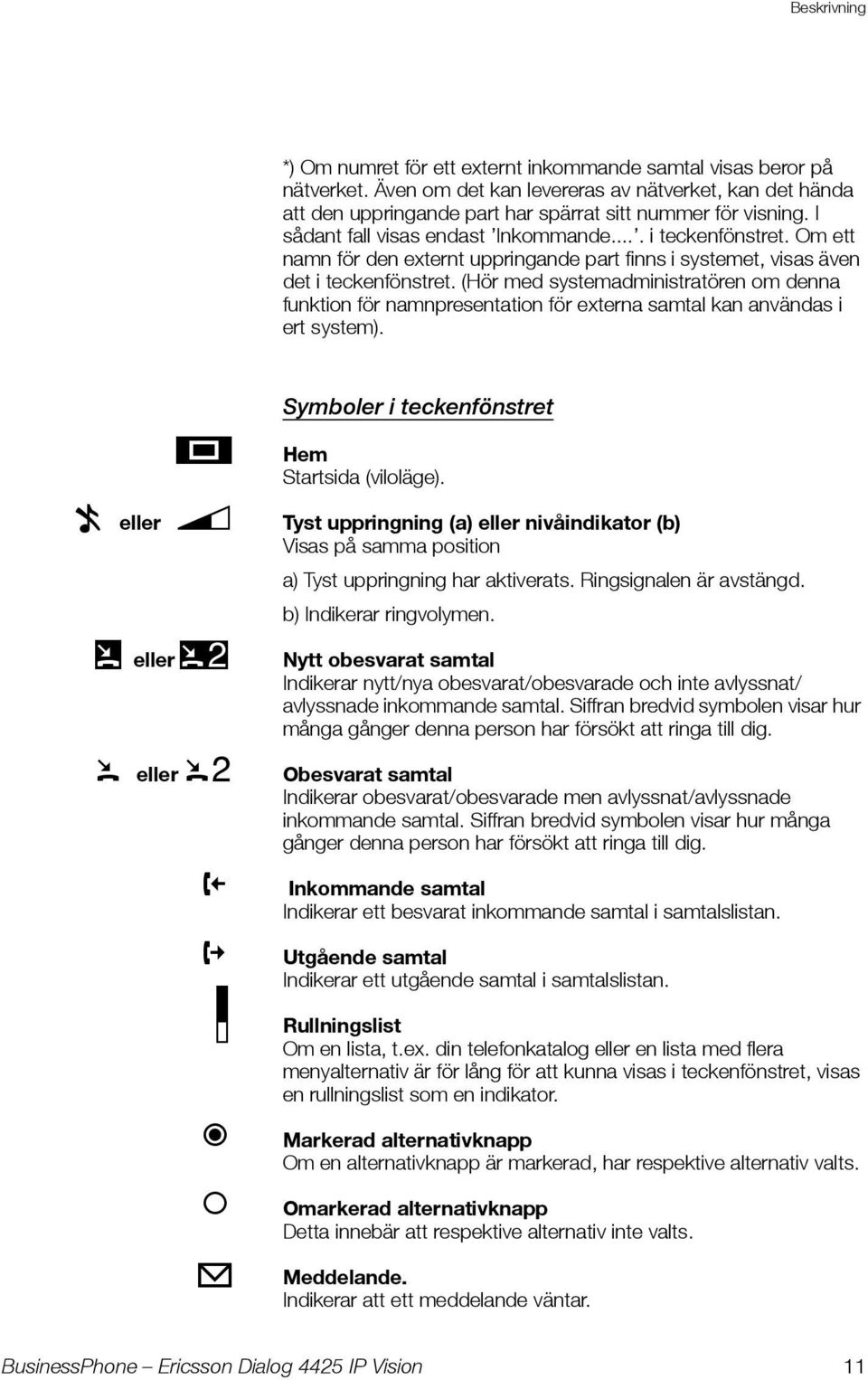 (Hör med systemadministratören om denna funktion för namnpresentation för externa samtal kan användas i ert system). H n eller v Y eller Z y eller z Symboler i teckenfönstret Hem Startsida (viloläge).