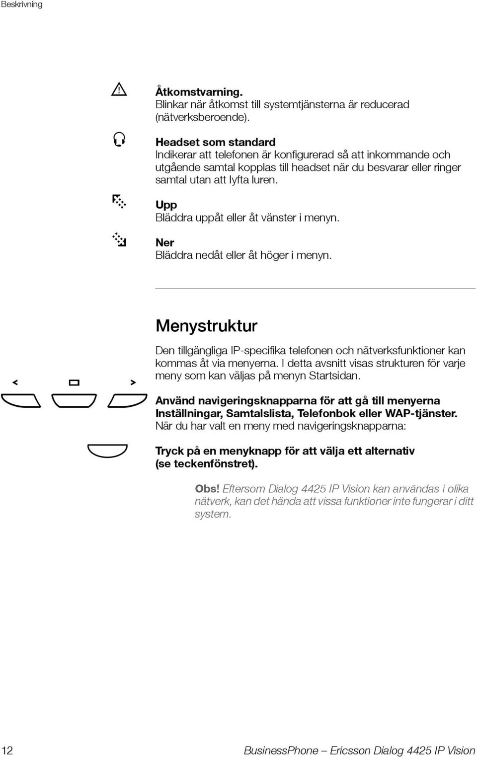 Upp Bläddra uppåt eller åt vänster i menyn. Ner Bläddra nedåt eller åt höger i menyn. Menystruktur Den tillgängliga IP-specifika telefonen och nätverksfunktioner kan kommas åt via menyerna.