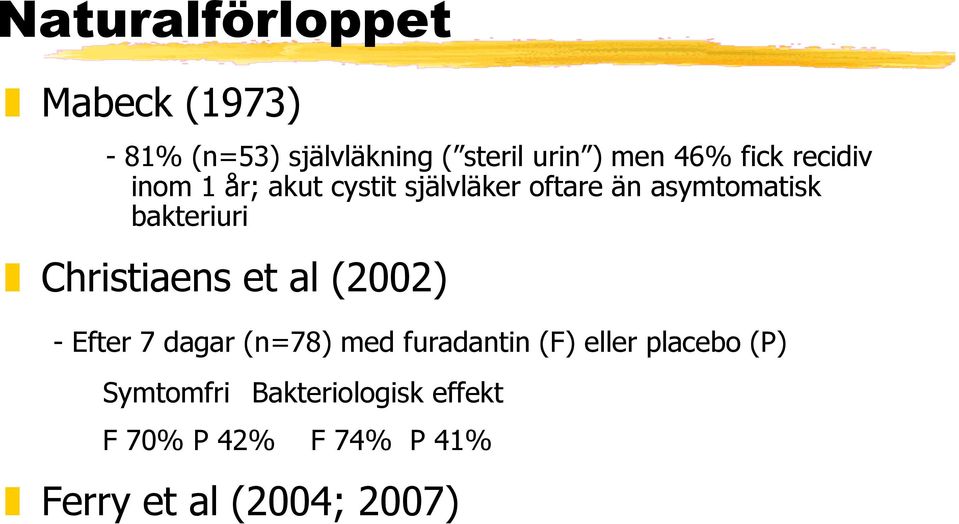 Christiaens et al (2002) - Efter 7 dagar (n=78) med furadantin (F) eller placebo