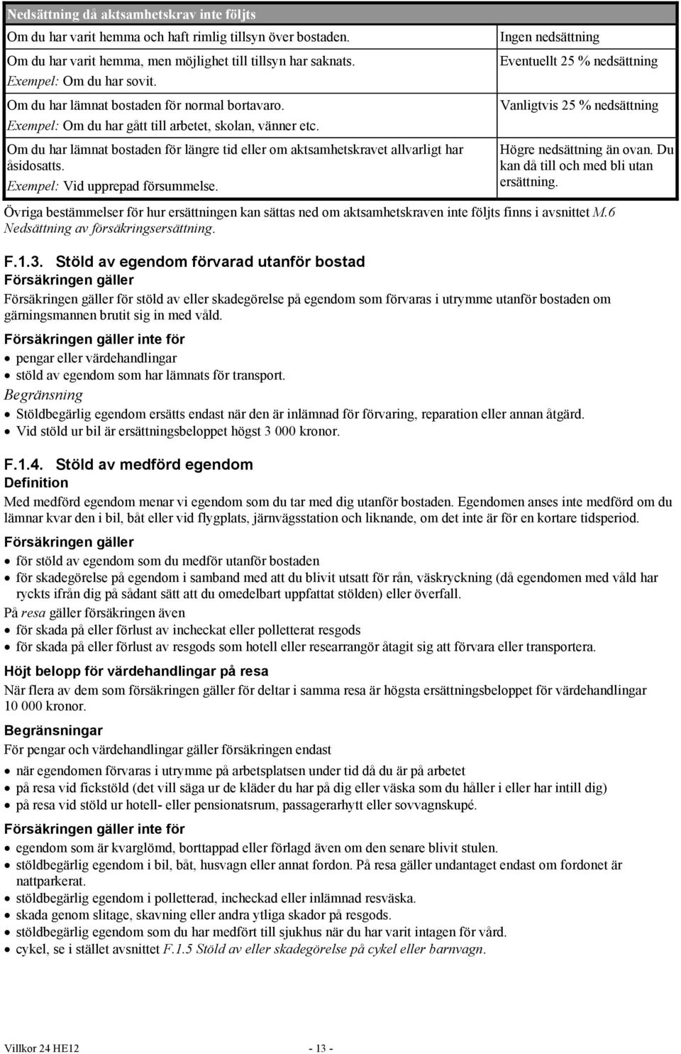 Exempel: Vid upprepad försummelse. Ingen nedsättning Eventuellt 25 % nedsättning Vanligtvis 25 % nedsättning Högre nedsättning än ovan. Du kan då till och med bli utan ersättning.