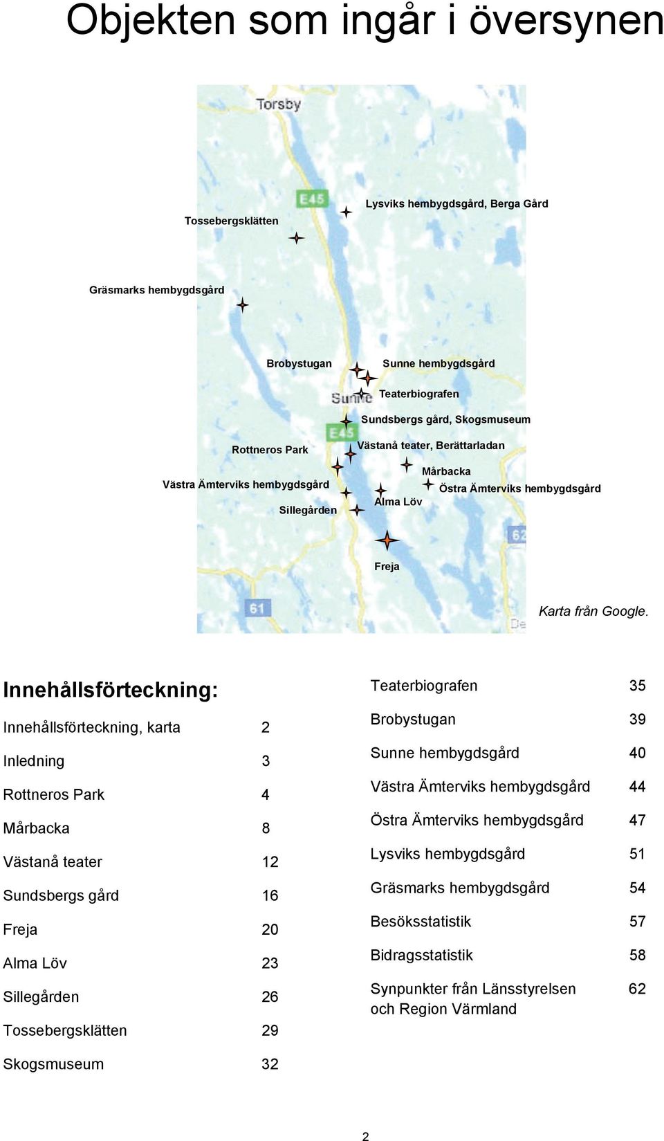 Innehållsförteckning: Innehållsförteckning, karta 2 Inledning 3 Rottneros Park 4 Mårbacka 8 Västanå teater 12 Sundsbergs gård 16 Freja 20 Alma Löv 23 Sillegården 26 Tossebergsklätten 29