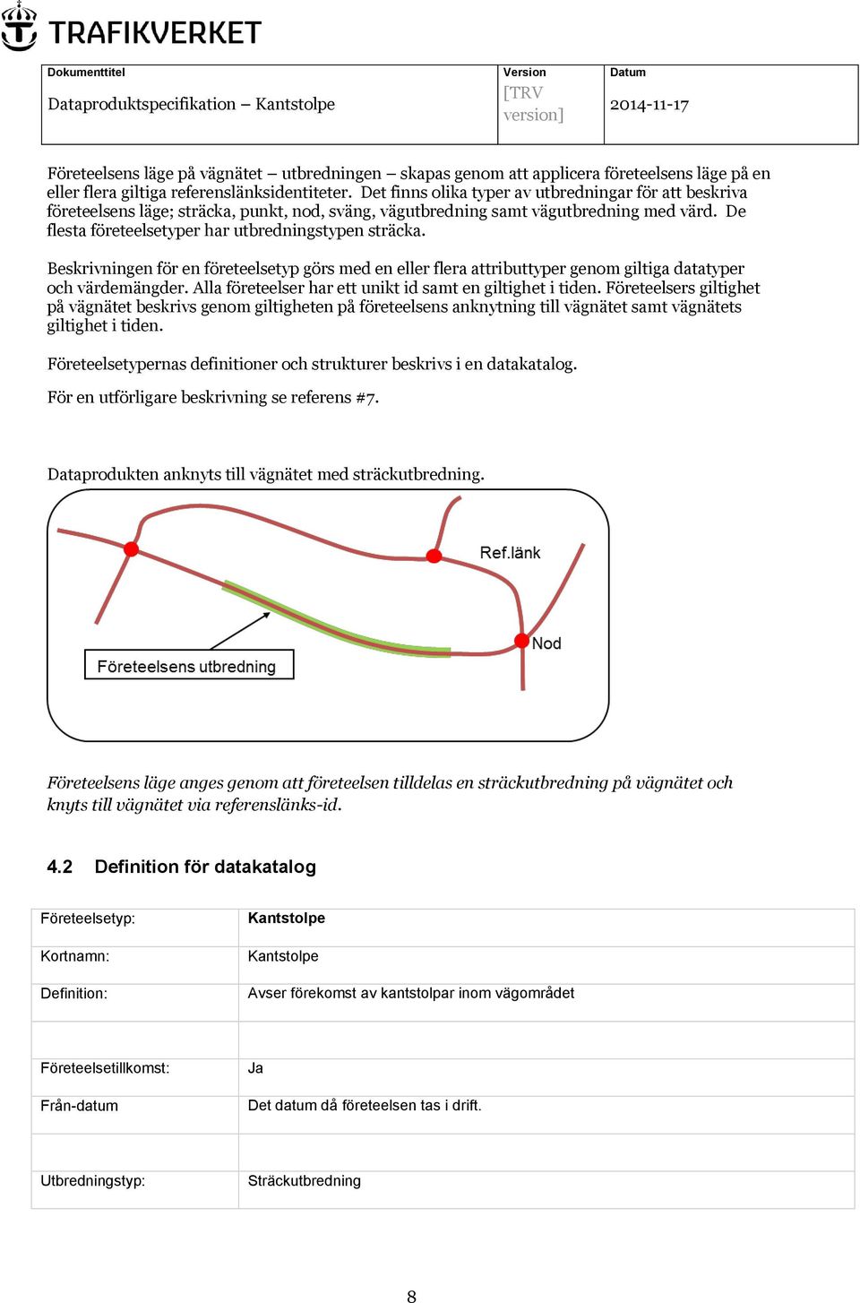 Beskrivningen för en företeelsetyp görs med en eller flera attributtyper genom giltiga datatyper och värdemängder. Alla företeelser har ett unikt id samt en giltighet i tiden.