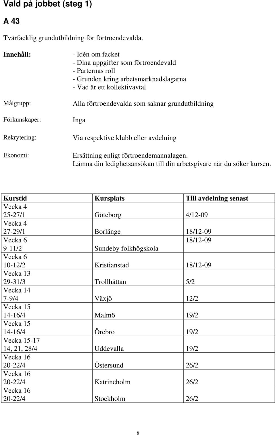 förtroendevalda som saknar grundutbildning Inga Via respektive klubb eller avdelning Ersättning enligt förtroendemannalagen. Lämna din ledighetsansökan till din arbetsgivare när du söker kursen.