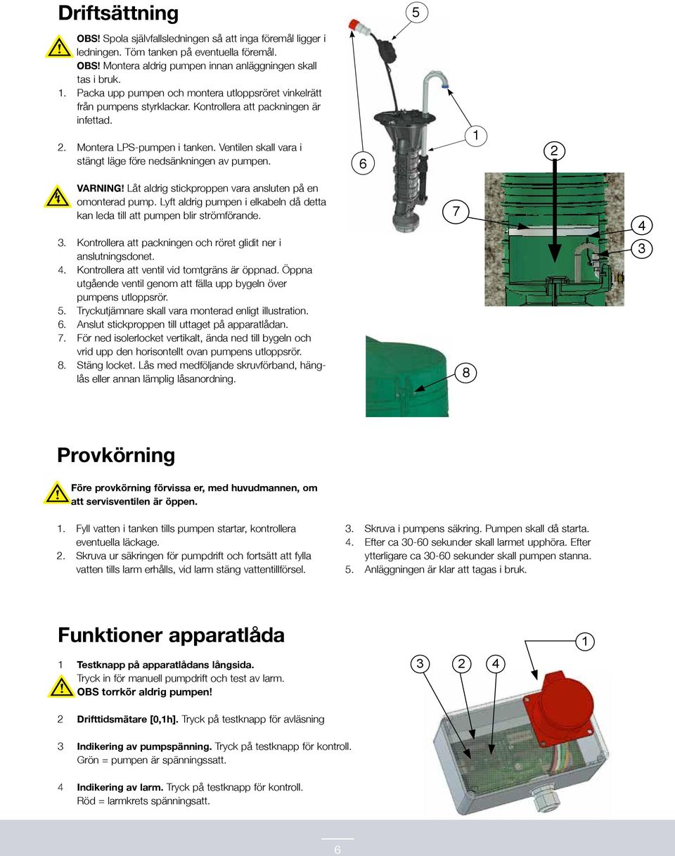 Ventilen skall vara i stängt läge före nedsänkningen av pumpen. 6 2 VARIG åt aldrig stickproppen vara ansluten på en omonterad pump.