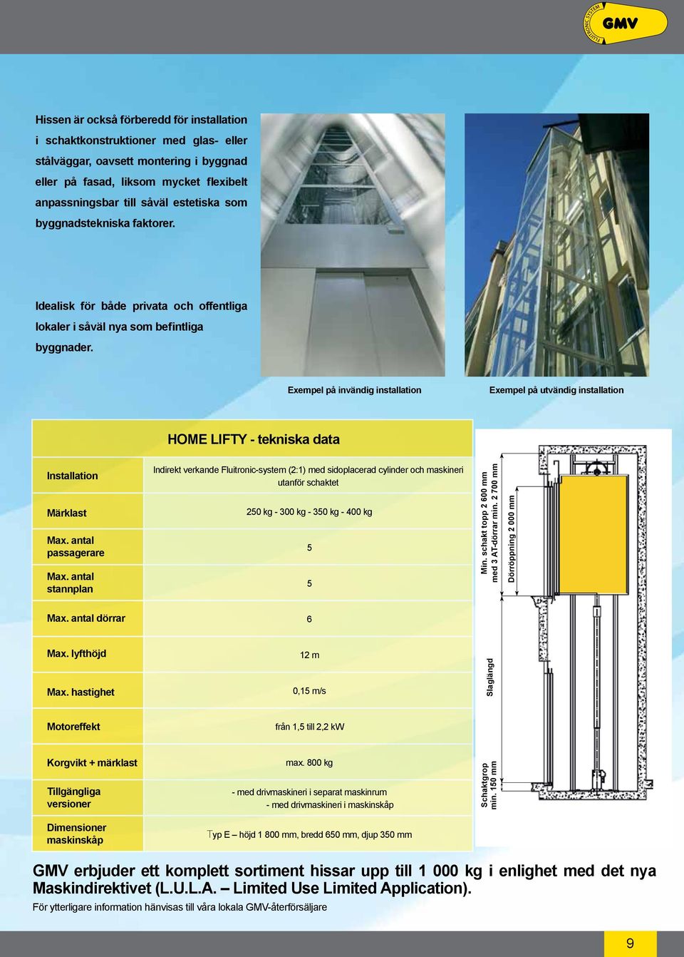 Exempel på invändig installation Exempel på utvändig installation HOME LIFTY - tekniska data Installation Märklast Max. antal passagerare Max.