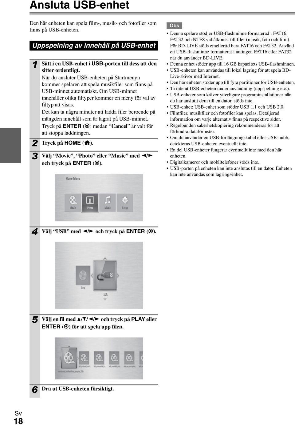 När du ansluter USB-enheten på Startmenyn kommer spelaren att spela musikfiler som finns på USB-minnet automatiskt. Om USB-minnet innehåller olika filtyper kommer en meny för val av filtyp att visas.