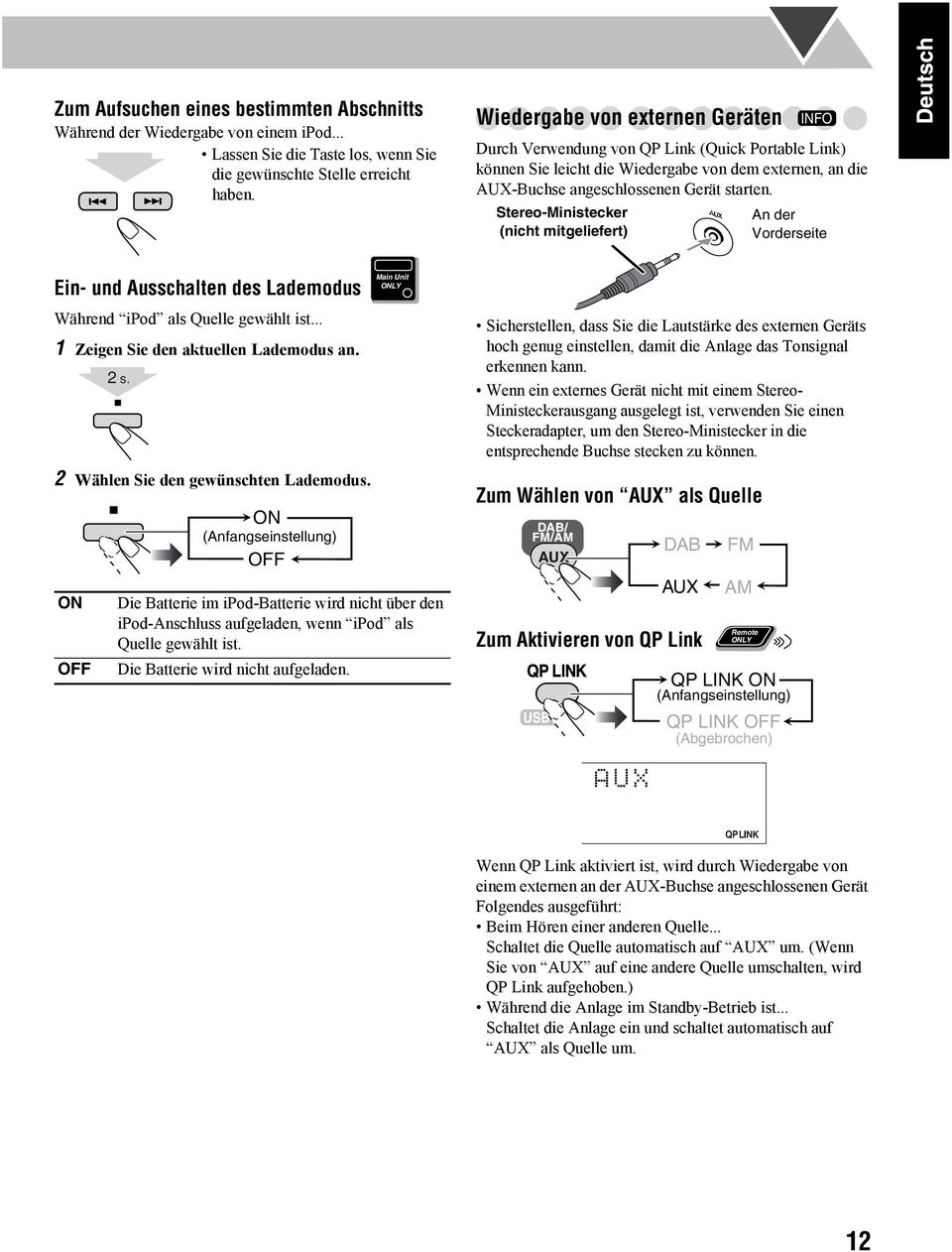 Stereo-Ministecker (nicht mitgeliefert) INFO An der Vorderseite Ein- und Ausschalten des Lademodus Während ipod als Quelle gewählt ist... 1 Zeigen Sie den aktuellen Lademodus an. 2 s.