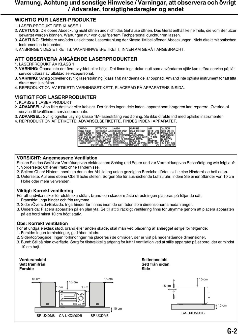 Wartungen nur von qualifziertem Fachpersonal durchführen lassen. 3. ACHTUNG: Sichtbare und/oder unsichtbare Laserstrahlung der Klasse 1M bei offenen Abdeckungen.