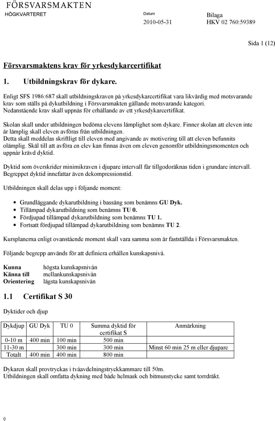 Nedanstående krav skall uppnås för erhållande av ett yrkesdykarcertifikat. Skolan skall under utbildningen bedöma elevens lämplighet som dykare.