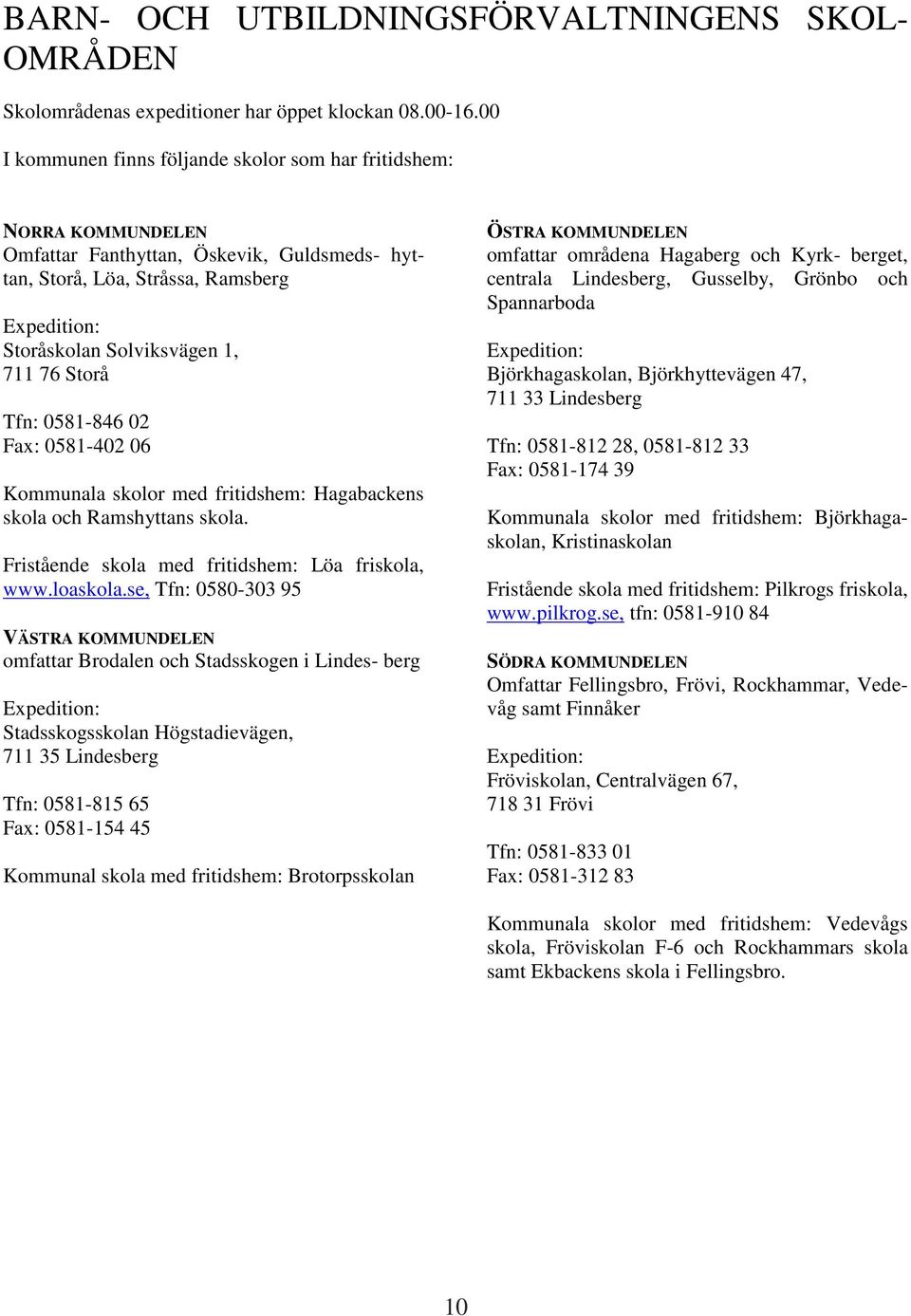 Storå Tfn: 0581-846 02 Fax: 0581-402 06 Kommunala skolor med fritidshem: Hagabackens skola och Ramshyttans skola. Fristående skola med fritidshem: Löa friskola, www.loaskola.