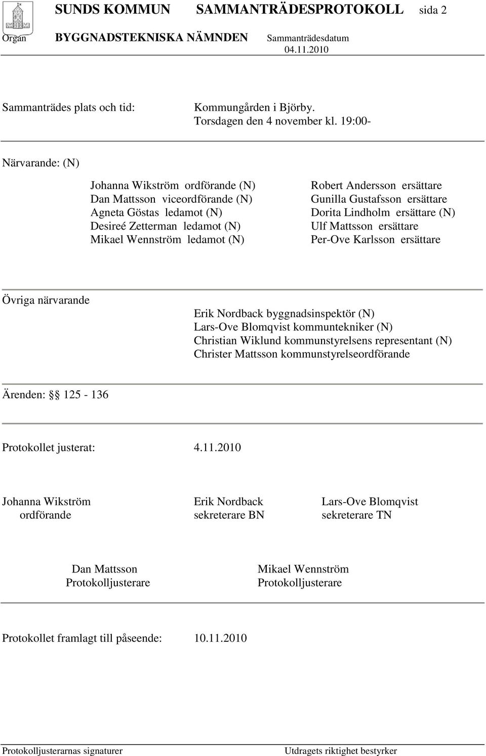 Gunilla Gustafsson ersättare Dorita Lindholm ersättare (N) Ulf Mattsson ersättare Per-Ove Karlsson ersättare Övriga närvarande Erik Nordback byggnadsinspektör (N) Lars-Ove Blomqvist kommuntekniker