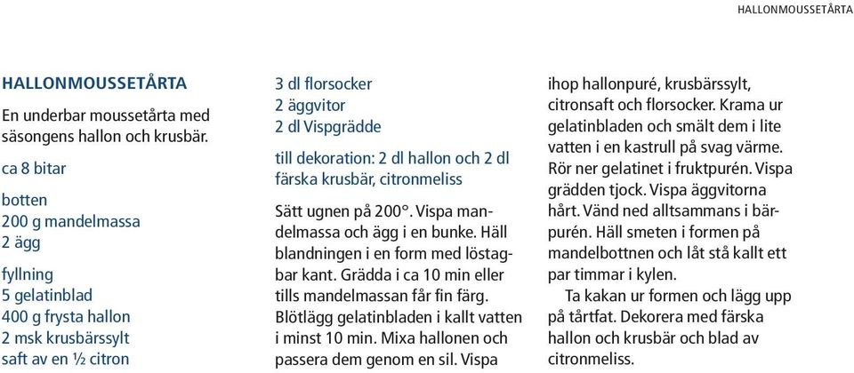 2 dl färska krusbär, citronmeliss Sätt ugnen på 200. Vispa mandelmassa och ägg i en bunke. Häll blandningen i en form med löstagbar kant. Grädda i ca 10 min eller tills mandelmassan får fin färg.