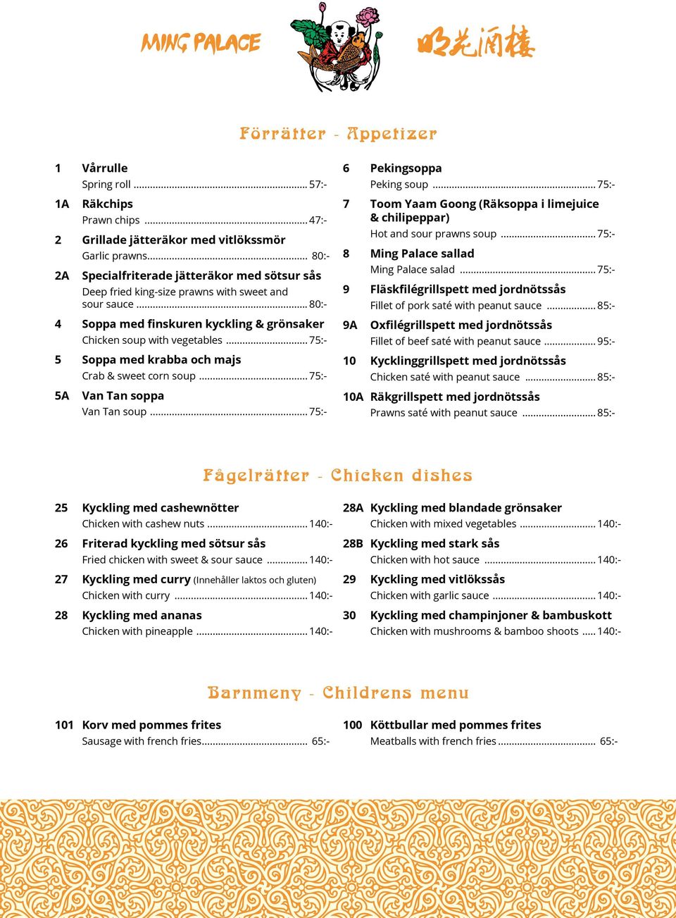 .. 80:- 2A Specialfriterade jätteräkor med sötsur sås Deep fried king-size prawns with sweet and sour sauce... 80:- 9 Fläskfilégrillspett med jordnötssås Fillet of pork saté with peanut sauce.