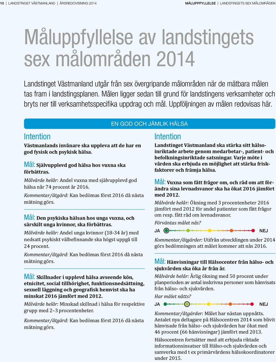 Uppföljningen av målen redovisas här. EN GOD OCH JÄMLIK HÄLSA Intention Västmanlands invånare ska uppleva att de har en god fysisk och psykisk hälsa.