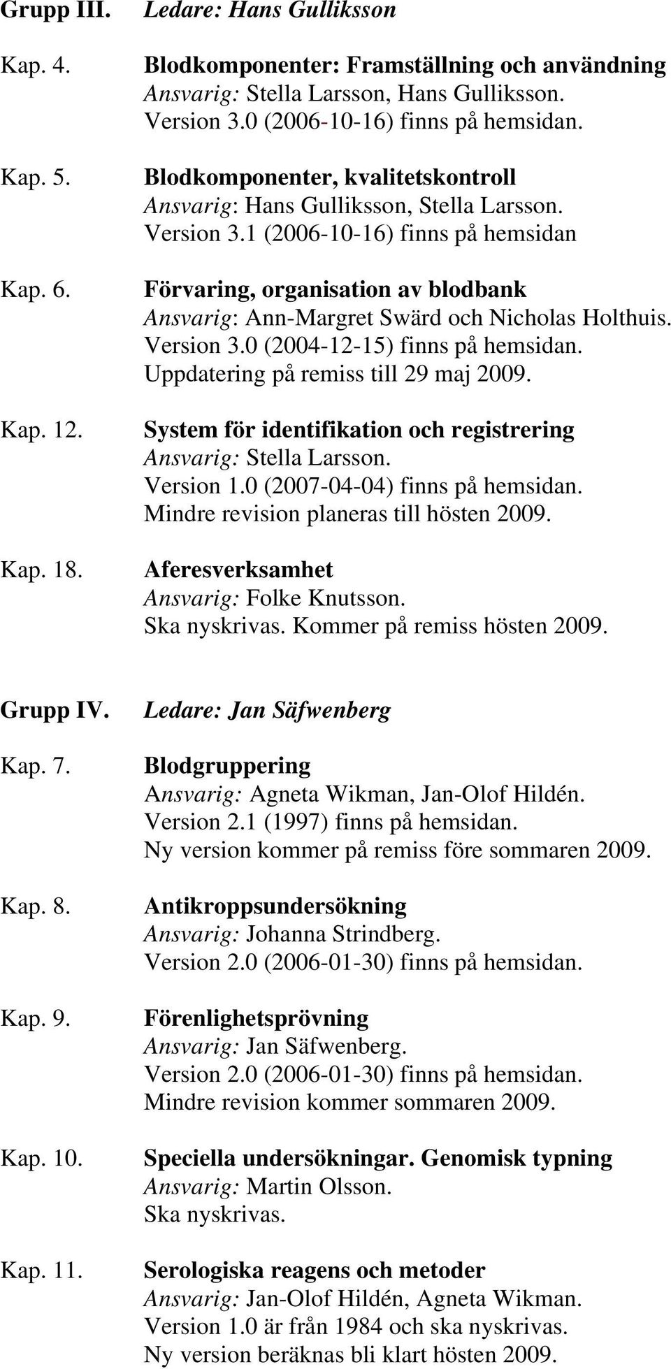 1 (2006-10-16) finns på hemsidan Förvaring, organisation av blodbank Ansvarig: Ann-Margret Swärd och Nicholas Holthuis. Version 3.0 (2004-12-15) finns på hemsidan.