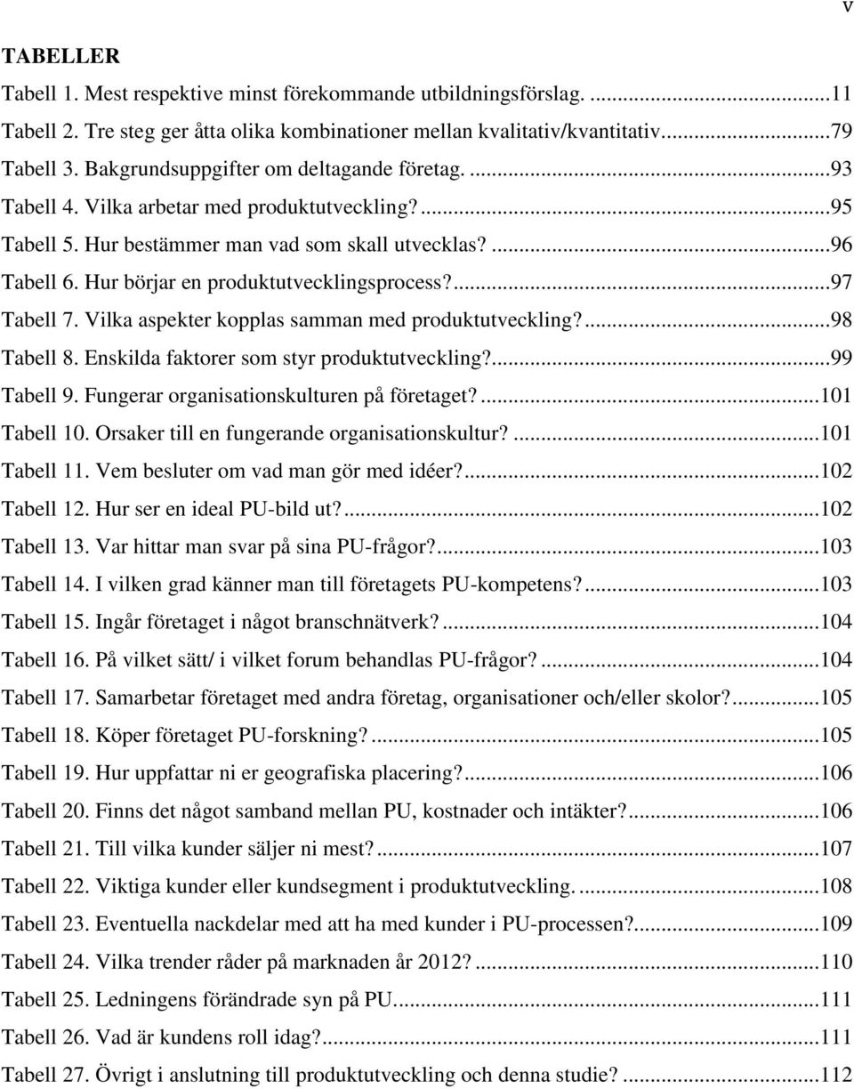 Hur börjar en produktutvecklingsprocess?... 97 Tabell 7. Vilka aspekter kopplas samman med produktutveckling?... 98 Tabell 8. Enskilda faktorer som styr produktutveckling?... 99 Tabell 9.