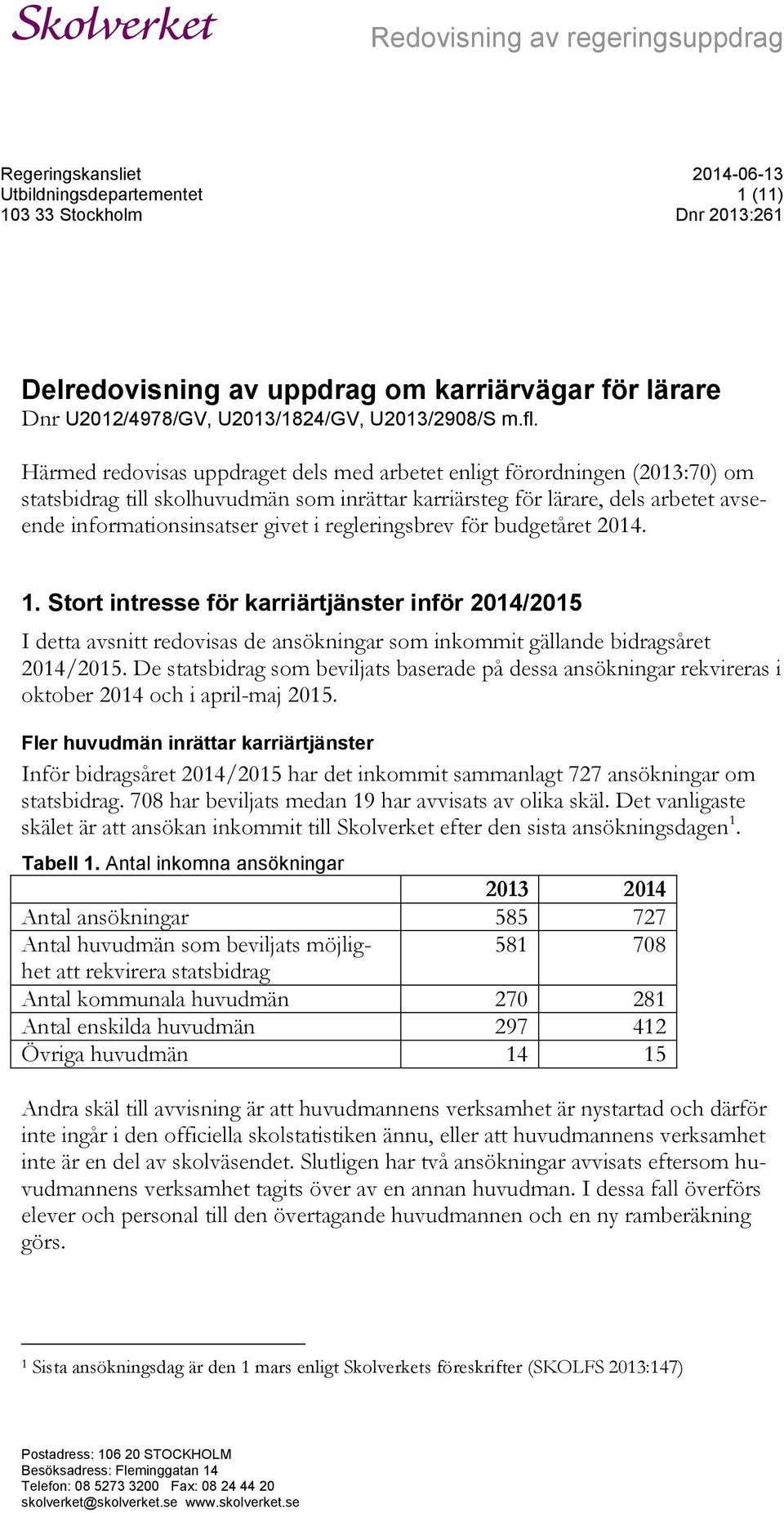 regleringsbrev för budgetåret 2014. 1. Stort intresse för karriärtjänster inför 2014/2015 I detta avsnitt redovisas de ansökningar som inkommit gällande bidragsåret 2014/2015.