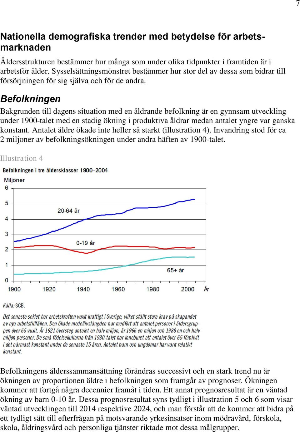 Befolkningen Bakgrunden till dagens situation med en åldrande befolkning är en gynnsam utveckling under 1900-talet med en stadig ökning i produktiva åldrar medan antalet yngre var ganska konstant.